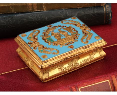 An 18th century Continental gilt metal and enamel waisted rectangular table snuff box, hinged cover decorated with a narrativ