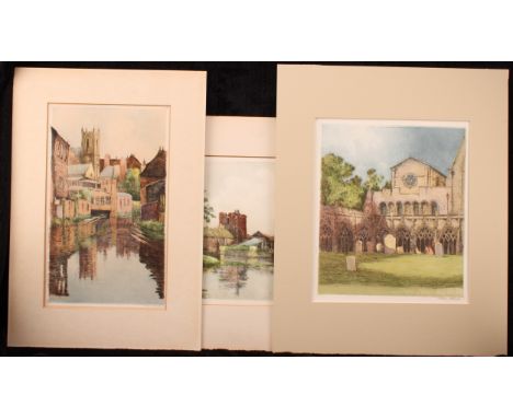 William Tatton Winter RBA (1855-1928)  a triplet, The Cloisters, Sudbury Watch Tower, and All Saints from the Stour (Canterbu