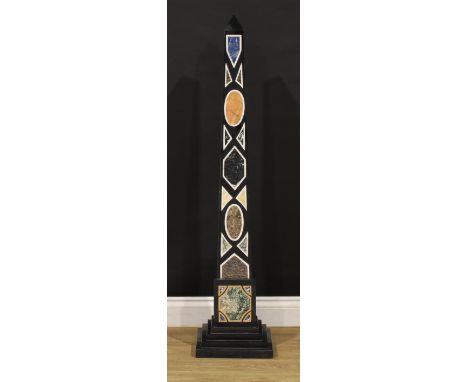 A substantial granite and pietra dura obelisk, inlaid with onyx, lapis lazuli, marble, and other specimen stones, stepped squ