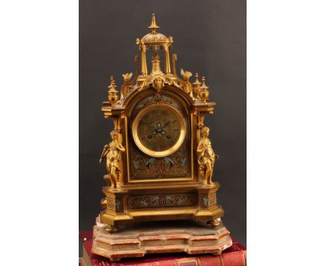 A 19th century French gilt bronze and champlevé enamel architectural mantel or table clock, 8.5cm dial inscribed with Roman n