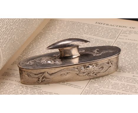 A Chinese silver box and cover, chased with dragons on a textured ground, 11cm wide, Wo Sing Lung, Shanghai, c.1920, 82g
