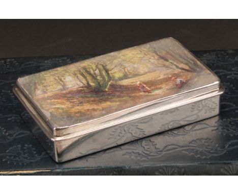 A late Victorian silver rounded rectangular table snuff, hinged cover glazed and inset with woodland print, 11cm wide, Daniel