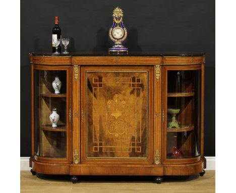 A Victorian gilt metal mounted walnut and marquetry credenza, slightly oversailing top with moulded ebonised edge above a pan