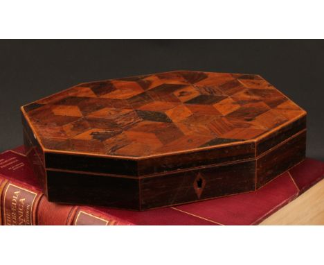A George III parquetry octagonal playing card and counter box, hinged cover inlaid in the Tunbridge ware manner with tumbling