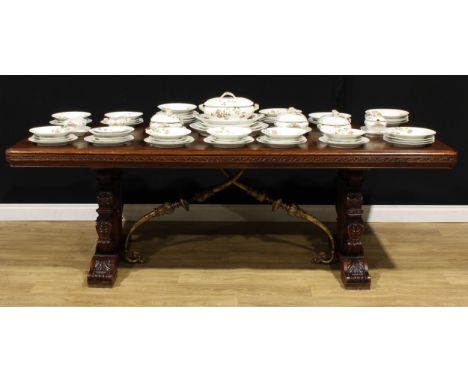 A Renaissance Revival walnut refectory dining table, rectangular top with bead-and-ribbon edge, the end supports carved and a