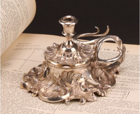A Victorian E.P.N.S Rococo Revival chamber taper stick, detachable cover, 10.5cm diam, c.1850