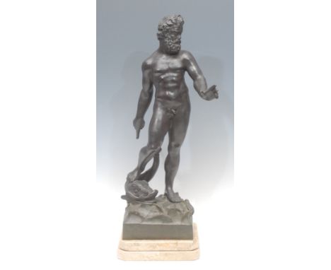 After the Antique, a dark patinated bronze, Poseidon, stepped marble base, 56cm high