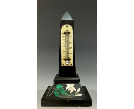 An Ashford marble obelisk desk barometer, malachite and white stone floral base, 17.5cm high, 8.5cm x 8.5cm square footIvory 