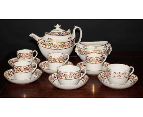A John Rose Coalport part tea and coffee service, comprising boat shaped teapot and cover, sugar basin, bute shaped teacups a