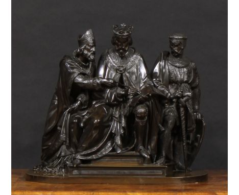 Attributed to François-Théodore Devaulx (1808-1871), a dark patinated bronze, The signing of the Magna Carta, depicting King 