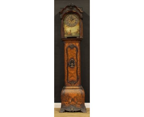 An 18th century Dutch walnut and marquetry longcase clock, 28.5cm brass dial inscribed Joannes van Leeuwen, Amsterdam, Roman 