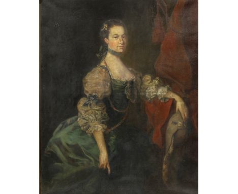 English School (19th century),Portrait of a Lady of Title,three-quarter length, lace trimmed green velvet dress, adorned in p