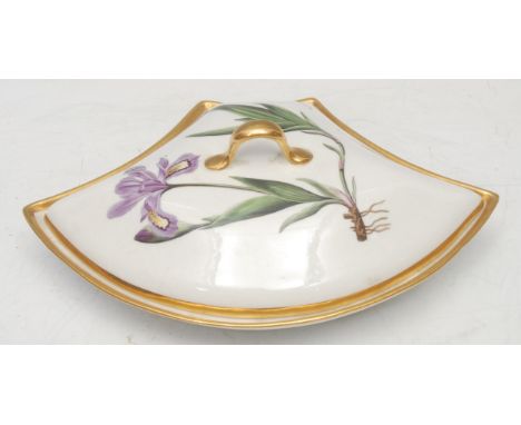 A Chamberlains Worcester curved serving dish and cover, boldly painted with botanical flowers, Crested Iris and Ternate Crane