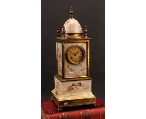 A 19th century Vienna porcelain table or mantel clock, 7cm gilt dial inscribed with Roman numerals, twin winding holes, eight