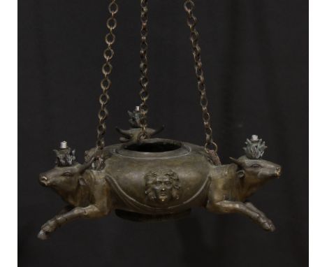 An Italian Grand Tour bronze hanging lamp, cast after the antique with bulls and masks, inscribed Masulli Naples Place des Ma