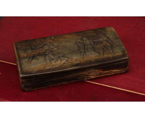 A 19th century French pressed horn rectangular snuff box, hinged cover with titled scene, Jesus Condamne A Mort, 10cm wide, c