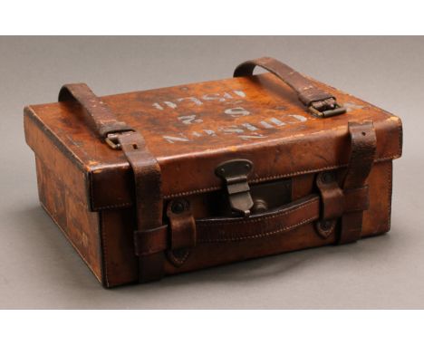 A Victorian leather shooting ammunition or cartridge case, N. MITCHISON OSLO, the cover with blue velvet interior and enclosi