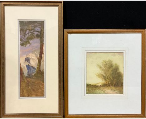William Tatton Winter, R.B.A., (1855 - 1928)Girl On A Hillartist’s monogram lower right, watercolour, 36cm x 12cm; another, A