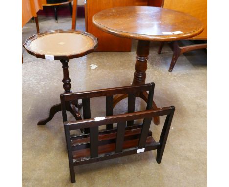 A Georgian mahogany tilt top tripod table, an occasional table and a magazine rack 