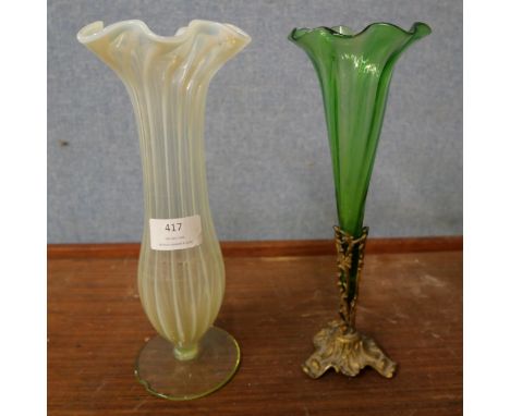 A green epergne and a milk glass vase 