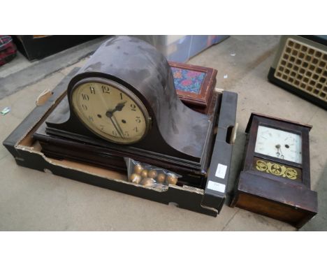 A wooden mantel clock, one other clock, a cutlery box containing assorted items and a jewellery box 