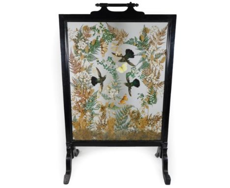 Taxidermy: An Edwardian Humming Bird Diorama Firescreen, three full mount Humming Birds in flying pose, amidst a natural dior