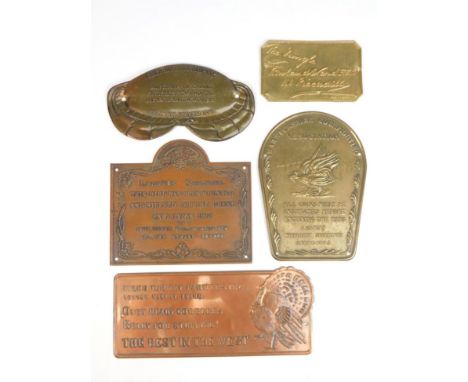 Sporting: Five Various Copper Advertising Plaques, a small selection of copper plaques including ''The Jungle, Rowland Ward, 