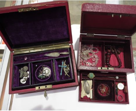 Two jewellery boxes with some contents including enamel George and the Dragon pendant, silver trowel bookmark, cornelian broo