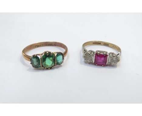 A 9ct gold ruby and clear stone set ring. Size M, 2.3g and an unmarked ring set with three green stones a/f. Size S, 1.3g (2)