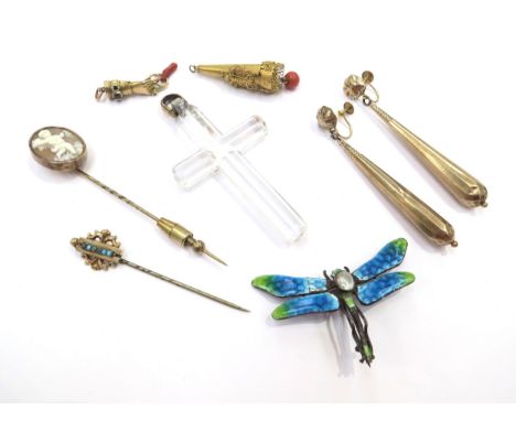 A pair of gold drop earrings, stamped 9ct, 4.2g an enamel dragonfly brooch, cameo stick pin, clenched hand charm holding a co