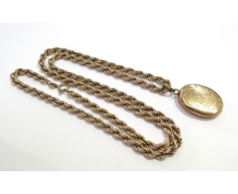 A 9ct gold rope twist necklace, 60cm long, 15.7g hung with a miniature portrait locket, unmarked
