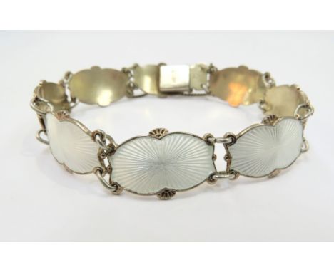 An Ivar Holth white enamel panel silver bracelet, 17cm long