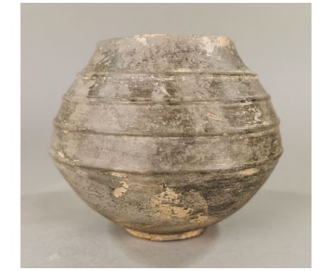 Ca. 3000 BC. Amazing Western Asiatic Neolithic Blackware storage jar; wide short body; Good Condition; H:115mm/W:130mm; 4.53/