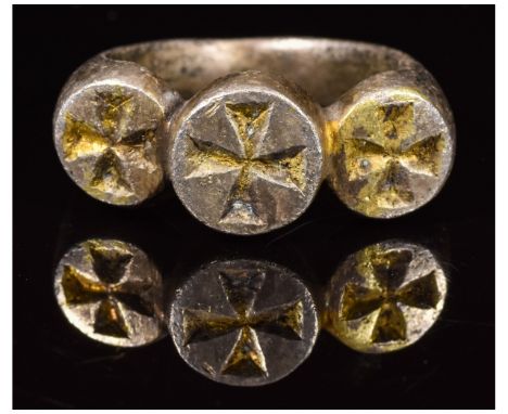 CA. 1200 AD Very Rare Crusaders period silver gilt religious ring; composed by a round hoop forming three bezels; each one de