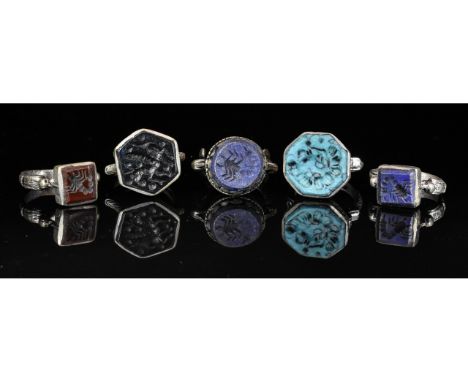 Ca.19TH - 20TH C AD. Wearable collection of Post Medieval Tribal / Yemeni white metal intaglio rings with multiple depictions