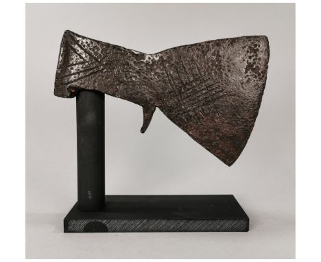 Ca. 900 - 1100 AD. Rare Medieval Scandinavian iron Axe head with a broad curved blade; square-shaped shaft; decorated with a 