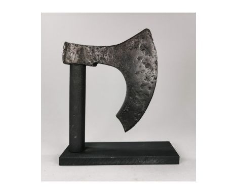 Ca. 1100 AD. A rare Viking Era T-shaped iron axe head with flared socket; broad curved blade; Good Condition; on the custom s