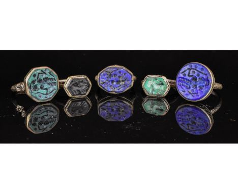 Ca.19TH - 20TH C AD. Wearable collection of Post Medieval Tribal / Yemeni white metal intaglio rings with multiple depictions
