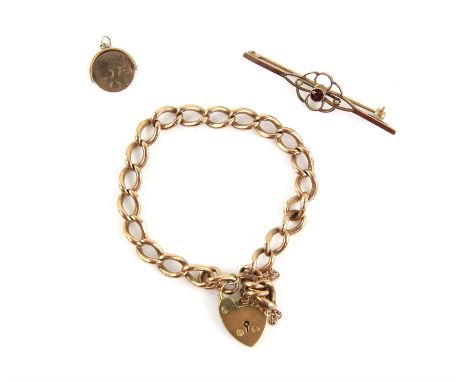 Edwardian garnet and pearl bar brooch, a charm bracelet and an 'I love you' spinner charm, all in 9 ct Condition Report:  Gro