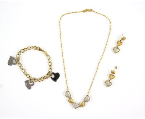 Bi-colour heart necklace, with five hearts, on an integrated bead link chain, length 42cm and with a pair of matching drop ea