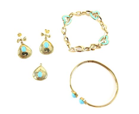Turquoise torque bangle, a pair of turquoise drop earrings, together with a matching pendant and a blue enamel heart bracelet