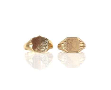 Two vintage gold signet rings, one with a shield plaque, with engraved detail, hallmarked 9ct, Birmingham, 1960, ring size S,