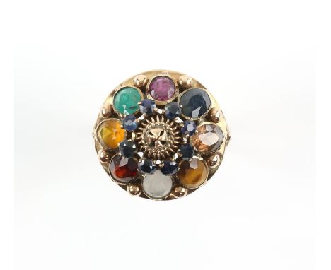 Gemstone set princess ring, set with round and oval cut sapphires, rubies, emeralds, tigers eye, garnet and quartz, mount sta