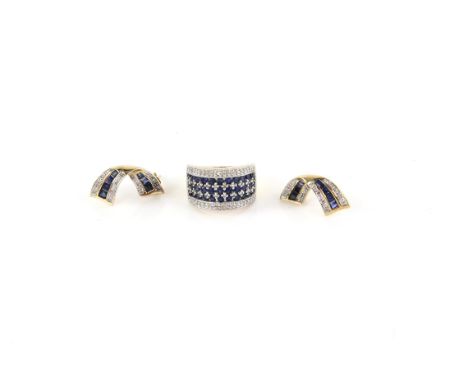 Sapphire and diamond ring and sapphire and diamond earrings, ring is set with thirty three round sapphires and round diamonds