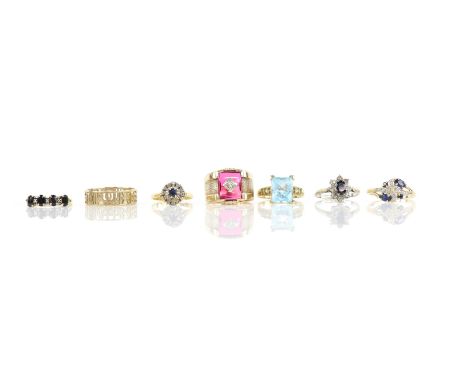 Seven gem set rings, including a sapphire and diamond cluster ring in 18 ct, ring size L1/2, three sapphire and diamond rings