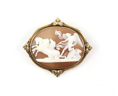 19th C shell Cameo, depicting the peace halting horses of Mars, mounted testing as 15 ct, with compass set scroll detailing, 