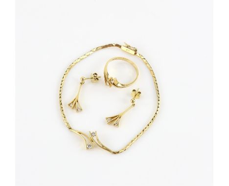 Suite of jewellery, comprising a bracelet, ring and pair of earrings, designed as two round brilliant cut diamonds, tension s