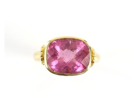 Designer pink tourmaline dress ring by Cassandra Goad, rub over set checkboard cushion cut pink tourmaline, estimated weight 