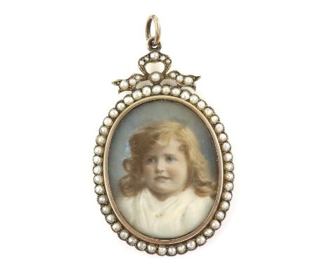 Murrle Bennett & Co pendant, central oval panel containing painted portrait of a girl, surrounded by a border of seed pearls,