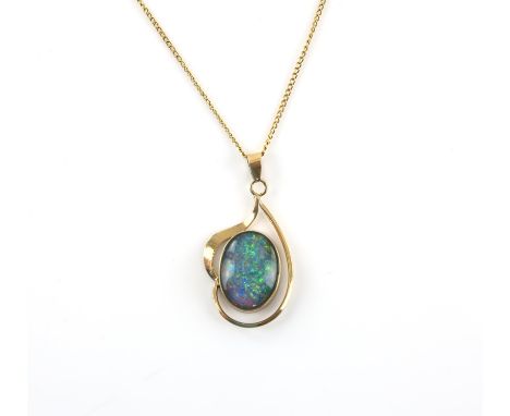 Opal triplet pendant and chain, chain and pendant stamped 9 ct gold, necklace length is 50 cm and pendant measurements are es